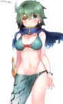  1girl :&lt; aqua_bikini aqua_eyes artist_name bangs bare_arms bikini blue_scarf blush boruhis breasts cleavage closed_mouth cowboy_shot eyebrows eyebrows_visible_through_hair eyepatch front-tie_top green_hair groin hair_between_eyes hat highres kantai_collection kiso_(kantai_collection) large_breasts looking_at_viewer navel sarong scarf shiny shiny_hair short_hair simple_background solo standing stomach swimsuit sword weapon white_background 