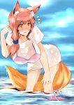  1girl animal_ears bikini bikini_bottom_removed bikini_top blush breasts clouds cloudy_sky fate/extra fate/grand_order fate_(series) fox_ears fox_tail hair_over_shoulder hand_on_own_knee highres large_breasts leaning_forward long_hair open_mouth pink_hair ponytail see-through shirt short_sleeves sky solo sweet swimsuit syntier13 tail tamamo_(fate)_(all) tamamo_no_mae_(swimsuit_lancer)_(fate) water white_shirt yellow_eyes 