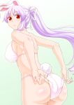  1girl adjusting_clothes adjusting_swimsuit animal_ears ass bikini breasts bunny_tail gradient gradient_background large_breasts lavender_hair long_hair looking_at_viewer looking_back ponytail poronegi purple_hair rabbit_ears red_eyes reisen_udongein_inaba sideboob solo swimsuit tail touhou very_long_hair white_bikini 