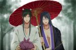  2boys black_hair closed_eyes emittan712 green_hair hair_down jirou_tachi long_hair looking_at_another lowres male_focus multiple_boys oriental_umbrella ponytail rain smile tarou_tachi touken_ranbu umbrella upper_body 