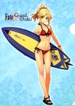  1girl absurdres bikini blonde_hair breasts collarbone copyright_name fate/grand_order fate_(series) feet green_eyes groin high_ponytail highres holding konoe_ototsugu long_hair mordred_(swimsuit_rider)_(fate) navel ponytail red_bikini saber_of_red scan side-tie_bikini small_breasts solo swimsuit toes 