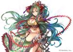  1girl :q bare_shoulders belt blade blue_eyes bow breasts cleavage company_name elbow_gloves eyes_visible_through_hair floral_print flower gloves green_hair hair_bow hair_ornament holding holding_weapon jewelry large_breasts long_hair looking_at_viewer madogawa multicolored_eyes navel necklace official_art outstretched_arm ribbon rope sengoku_gensoukyoku simple_background sleeveless smile solo spikes tassel tongue tongue_out very_long_hair wavy_hair weapon whip white_background 