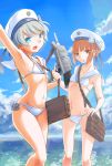  2girls beret bikini blue_eyes brown_eyes brown_hair flat_chest fujichika_(fujichica_fpf) gun hat highres kantai_collection looking_at_viewer multiple_girls sailor_bikini sailor_collar sailor_hat short_hair silver_hair standing swimsuit weapon white_bikini white_hat z1_leberecht_maass_(kantai_collection) z3_max_schultz_(kantai_collection) z3_max_schultz_(kantai_collection)_(cosplay) 