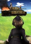  4girls adapted_uniform arm_support blonde_hair blue_eyes blurry brown_hair clouds dated depth_of_field field fire from_behind garrison_cap gloves grass ground_vehicle hat headset highres kneeling lifting looking_back military military_uniform military_vehicle motor_vehicle multiple_girls necktie open_mouth original pantyhose panzerkampfwagen_panther short_hair signature silver_hair skirt sky smoke soldier surprised tank tokihama_jirou twintails uniform white_legwear world_war_ii 