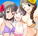  3girls @_@ akanishi_erika argon bare_shoulders bikini black_eyes black_hair blush braid breast_envy breasts brown_hair cleavage collarbone commentary_request flower frilled_bikini frills front-tie_bikini front-tie_top fujiwara_hajime green_eyes hair_flower hair_ornament hair_over_shoulder highres idolmaster idolmaster_cinderella_girls large_breasts long_hair looking_at_viewer multiple_girls one_eye_closed open_mouth orange_bikini otokura_yuuki pink_bikini purple_bikini short_hair small_breasts smile striped striped_bikini sweatdrop swimsuit violet_eyes 