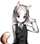  1girl animal_ears arm_behind_back brave_witches brown_eyes dress_shirt edytha_rossmann female fox_ears fox_tail hand_on_head kamen_rosso long_sleeves military military_uniform shirt short_hair silver_hair simple_background solo strike_witches tail uniform vest white_background white_shirt world_witches_series 