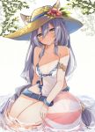  .com_(cu_105) 1girl animal_ears ball bare_shoulders beachball breasts cleavage erun_(granblue_fantasy) granblue_fantasy hat heles kneeling silver_hair solo sun_hat yellow_eyes 