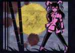  1girl animal_ears bamboo bamboo_forest black_legwear blazer clenched_teeth crazy_eyes female forest full_moon jacket moon nature outdoors partially_colored plant rabbit_ears red_eyes reisen_udongein_inaba semikichi sky solo teeth thigh-highs touhou 