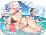  3girls amagi_(kantai_collection) ball bikini black_bikini black_hair blue_eyes blush braid breasts brown_eyes brown_hair cleavage closed_eyes clouds covering covering_breasts curvy holding in_water kantai_collection katsuragi_(kantai_collection) large_breasts long_hair looking_at_viewer multiple_girls navel ocean partially_submerged popsicle scrunchie sexually_suggestive silver_hair single_braid sky smile soaking_feet sparkle swimming swimsuit unryuu_(kantai_collection) untied untied_bikini very_long_hair wading water wavy_hair white_hair wide_hips wrist_scrunchie yamaarashi 