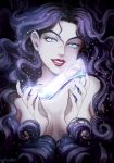  1girl black_hair blue_eyes breasts cinderella glowing hair_censor high_heels highres holding jojo_no_kimyou_na_bouken lipstick makeup ponsu_(ponzuxponzu) red_lipstick signature smile solo topless upper_body wavy_hair yamagishi_yukako 