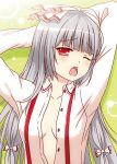  1girl arms_behind_head arms_up blush bow breasts center_opening cpu_(hexivision) dress_shirt fujiwara_no_mokou hair_bow long_hair long_sleeves looking_at_viewer one_eye_closed open_mouth red_eyes shirt silver_hair small_breasts solo suspenders touhou unbuttoned upper_body white_bow white_shirt 