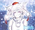  1girl albino animal_ears bare_shoulders detached_sleeves hat highres inubashiri_momiji leaf looking_at_viewer pom_pom_(clothes) red_eyes short_hair silver_hair smile solo touhou traditional_media wolf_ears 