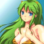  1girl bare_shoulders blue_eyes breasts cleavage clenched_hand female green_hair hair_grab hanako_(haruhina2000) horns long_hair looking_at_viewer lum solo strapless tiger_print upper_body urusei_yatsura 