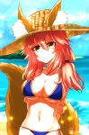  1girl animal_ears bikini blue_bikini breasts cleavage collarbone fate/extra fate/grand_order fate_(series) fox_ears fox_tail groin large_breasts looking_at_viewer navel norun_(mai0910) pink_hair solo swimsuit tail tamamo_(fate)_(all) tamamo_no_mae_(swimsuit_lancer)_(fate) yellow_eyes 