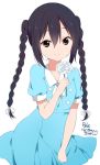  1girl artist_name black_hair blue_dress braid brown_eyes dated dress eyebrows eyebrows_visible_through_hair flower hair_between_eyes hair_ribbon holding k-on! k-on!_movie long_hair looking_at_viewer nakano_azusa ragho_no_erika ribbon signature simple_background smile solo twin_braids twintails white_background 