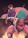 1girl absurdres arm_at_side arm_cannon bangs bodysuit boots bracer breasts brown_eyes brown_hair closed_mouth covered_navel d.va_(overwatch) emblem facepaint facial_mark full_body gatling_gun gloves gun hand_on_headphones hand_on_own_head hand_to_head hand_up headphones highres knee_up logo long_hair long_sleeves looking_at_viewer lyrae mecha medium_breasts meka_(overwatch) overwatch pauldrons pilot_suit ribbed_bodysuit shoulder_pads sitting skin_tight smile solo thigh-highs thigh_boots thigh_strap turtleneck weapon whisker_markings white_boots white_gloves 
