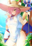  1girl animal_ears bikini blush breasts cleavage closed_umbrella fate/extra fate/grand_order fate_(series) fox_ears fox_tail kirie_nozomi large_breasts one_eye_closed palm_tree palms parasol pink_hair see-through shirt solo swimsuit tail tamamo_(fate)_(all) tamamo_no_mae_(fate) tamamo_no_mae_(swimsuit_lancer)_(fate) tree umbrella v white_shirt yellow_eyes 