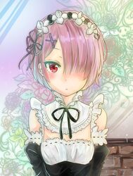  1girl :&lt; apron black_ribbon blush brick_wall detached_sleeves dress flower hair_ornament hair_over_one_eye hairclip highres leaf long_sleeves maid maid_apron maid_headdress monaka_(asagi001) monaka_(pixiv57907479) pink_hair puffy_long_sleeves puffy_sleeves ram_(re:zero) re:zero_kara_hajimeru_isekai_seikatsu red_eyes ribbon ribbon-trimmed_sleeves ribbon_trim short_hair solo upper_body x_hair_ornament 