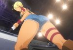  1girl ahoge arm_strap ass back bikini bikini_top blonde_hair blue_shorts boots breasts brown_boots buckle camouflage camouflage_bikini ceiling closed_mouth cooking crotch cutoffs denim denim_shorts foreshortening from_below frying_pan grey_bikini holding indoors kneepits knife large_breasts legs_apart light looking_to_the_side mito_ikumi oven perspective pot_holders print_bikini profile screencap serious sheath sheathed shokugeki_no_souma short_hair short_shorts shorts sideboob solo standing strap_gap swimsuit thigh_strap thighs wristband 