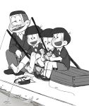  4boys box facial_hair father_and_son fishing greyscale heart heart_in_mouth highres male_focus matsuno_matsuzou monochrome multiple_boys mustache narpoodles osomatsu-kun sextuplet_(osomatsu-kun) shoes_removed short_sleeves shorts sitting smile wet 