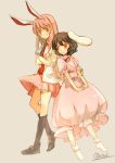  2girls animal_ears atoki black_hair black_legwear black_shoes brown_eyes bunny_tail carrot_necklace collared_shirt crossed_arms dress full_boy highres inaba_tewi interlocked_fingers lavender_background long_hair looking_at_another looking_down looking_to_the_side multiple_girls necktie pink_dress pink_skirt pleated_skirt purple_hair rabbit_ears red_necktie reisen_udongein_inaba shirt shoes short_hair short_sleeves side-by-side simple_background sketch skirt smile socks sweatdrop tail tie_clip touhou twitter_username untucked_shirt very_long_hair white_shirt 