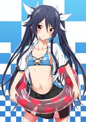  1girl black_hair blue_bikini_top brown_eyes checkered checkered_background collarbone eyebrows eyebrows_visible_through_hair flat_chest hair_ribbon highres innertube long_hair looking_at_viewer open_clothes open_shirt ore_twintail_ni_narimasu pleated_skirt ribbon see-through shirt skirt solo tsube_aika twintails white_ribbon white_shirt yuto_(dialique) 