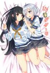  2girls :o ahoge bare_legs barefoot black_hair blue_eyes blush breasts feeding food french_fries hair_over_one_eye hair_ribbon hamakaze_(kantai_collection) highres isokaze_(kantai_collection) kantai_collection karo-chan large_breasts long_hair long_sleeves looking_at_another lying multiple_girls neckerchief no_gloves on_back open_mouth pleated_skirt red_eyes ribbon school_uniform serafuku short_hair short_sleeves silver_hair skirt translation_request tress_ribbon 