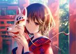  1girl architecture blurry brown_hair character_request day depth_of_field east_asian_architecture fox_mask fuji_choko holding_mask japanese_clothes kimono mask original outdoors red_eyes short_hair solo torii upper_body 