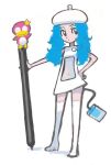  1girl beret bird black_eyes blue_hair character_request dress hand_on_hip hat high_heels long_hair looking_to_the_side navel navel_cutout original personification sega_hard_girls simple_background solo standing star stylus sugimori_ken terebi_oekaki thigh-highs white_background white_dress white_legwear zettai_ryouiki 