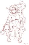  1girl 90s aisha_clanclan bandage bbc-chan breasts female full_body leotard monochrome muscle outlaw_star solo sweat tail white_background 