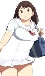  1girl accho_(macchonburike) bag breasts brown_hair cowboy_shot dress duffel_bag grey_eyes highres long_hair looking_at_viewer medium_breasts original plump school_bag school_uniform serafuku short_dress solo tanuma-chan tanuma_miyuki thighs two_side_up white_dress 