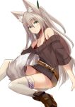  1girl animal_ears bare_shoulders belt blush breasts cleavage collarbone dress fox_ears fox_tail green_eyes haik hair_ribbon highres long_hair looking_at_viewer original ribbon silver_hair simple_background sitting solo sweater sweater_dress tail thigh-highs two_side_up very_long_hair white_background white_legwear 