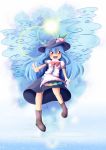  1girl blue_hair clouds food fruit hat hinanawi_tenshi light_rays long_hair open_mouth peach red_eyes semikichi solo sunbeam sunlight touhou younger 