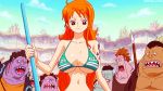  1girl 6+boys animated animated_gif bikini bikini_top breasts cleavage female large_breasts long_hair multiple_boys nami_(one_piece) one_piece orange_hair tattoo under_boob 