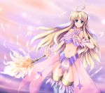  1girl ahoge althea bare_shoulders blonde_hair blue_eyes breasts feather_trim feathers fire hair_ornament holding_staff large_breasts long_hair looking_at_viewer luminous_arc luminous_arc_2 multicolored_hair navel raochuu revealing_clothes sarong sidelocks smile solo staff streaked_hair thigh-highs very_long_hair white_hair white_legwear 