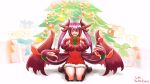  1girl 2015 absurdres christmas claws dated dragon_girl dragon_horns extra_mouth gold_teeth highres jabberwock_(monster_girl_encyclopedia) looking_at_viewer lutherniel monster_girl monster_girl_encyclopedia present tongue twintails wings 