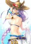  1girl animal_ears bare_shoulders braid breasts cat_ears erect_nipples erun_(granblue_fantasy) flower frills from_behind granblue_fantasy hair_between_eyes hair_intakes hair_tubes hat hat_flower heles long_hair looking_at_viewer medium_breasts midriff riffey sarong silver_hair single_braid solo straw_hat sun_hat very_long_hair yellow_eyes 