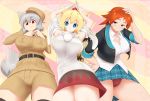  3girls :3 adjusting_clothes animal_ears arms_up belt blonde_hair blue_eyes blush breasts cleavage commentary cosplay costume_switch crossover detached_sleeves eyebrows fei_rune fey_(moe_moe_niji_taisen_ryaku) fey_(moe_moe_niji_taisen_ryaku)_(cosplay) frown gj-bu grey_hair hair_flaps hat highres inazuma_eleven_(series) inubashiri_momiji inubashiri_momiji_(cosplay) iron_cross kirara_bernstein kirara_bernstein_(cosplay) large_breasts military miniskirt moe_moe_niji_taisen_ryaku multiple_girls orange_eyes orange_hair pointy_hair pom_pom_(clothes) raised_eyebrow red_eyes short_hair shorts sideboob skirt smile tail thick_eyebrows thighs tiger_tail tochinoko tokin_hat touhou unbuttoned unbuttoned_shirt vest wolf_ears wolf_tail 