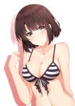  1girl absurdres bare_shoulders breasts brown_eyes brown_hair cleavage collarbone eyebrows eyebrows_visible_through_hair highres katou_megumi long_hair looking_at_viewer lzl_j medium_breasts navel saenai_heroine_no_sodatekata short_hair simple_background smile solo striped_bikini_top upper_body white_background 