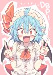  &gt;:d 1girl :d ahoge bat_wings blouse blue_hair blush blush_stickers breasts brooch double_v fang hat jewelry mob_cap morino_hon open_mouth red_eyes remilia_scarlet sash shocked_eyes short_hair small_breasts smile solo touhou upper_body v wide-eyed wings wrist_cuffs 