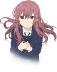  1girl blush brown_eyes brown_hair concept_art hair_between_eyes koe_no_katachi long_hair nishimiya_shouko official_art school_uniform simple_background smile solo upper_body white_background 