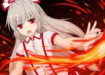  &gt;:o 1girl :o adapted_costume bow cpu_(hexivision) dress_shirt fire flat_chest foreshortening fujiwara_no_mokou grey_hair hair_bow long_hair looking_at_viewer open_mouth red_eyes shirt short_sleeves solo suspenders touhou unbuttoned upper_body white_bow white_shirt 