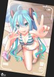  1girl :p ahoge aqua_eyes aqua_hair bikini breasts cleavage double_v from_above front-tie_top fs hatsune_miku kneeling long_hair looking_at_viewer nail_polish navel side-tie_bikini smile solo striped striped_bikini swimsuit tongue tongue_out twintails v very_long_hair viewfinder vocaloid 