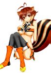  1girl absurdres animal_ears bare_shoulders blazblue blush boots breast_hold breasts brown_hair chukachuka cleavage closed_mouth crop_top highres large_breasts looking_at_viewer makoto_nanaya midriff multicolored_hair orange_boots orange_skirt revealing_clothes short_hair side_slit skirt smile solo squirrel_ears squirrel_tail tail thigh-highs two-tone_hair under_boob 