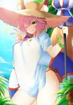  1girl animal_ears breasts closed_umbrella fate/extra fate/grand_order fate_(series) fox_ears fox_tail hat kirie_nozomi looking_at_viewer one_eye_closed palm_tree palms parasol pink_hair shirt smile solo tail tamamo_(fate)_(all) tamamo_no_mae_(swimsuit_lancer)_(fate) tree umbrella v white_shirt yellow_eyes 