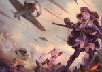  2girls aircraft airplane artist_name barbed_wire battle belt black_boots black_gloves black_legwear blood blurry bolt_action boots braid breasts bucked buckle building cleavage coat cross crying crying_with_eyes_open depth_of_field dust_cloud flying fur_trim girls_frontline gloves grey_sky ground_vehicle gun hat highres holding holding_gun holding_weapon injury jay_xu kar98k_(girls_frontline) layered_skirt long_hair long_sleeves medium_breasts mg42_(girls_frontline) military military_hat military_vehicle motor_vehicle multiple_girls one_eye_closed open_mouth outdoors outstretched_arms peaked_cap propeller reaching_out red_eyes red_star rifle rubble silver_hair sitting skirt sky smoke soviet standing star tank tears teeth thigh-highs thigh_boots tongue torn_clothes torn_thighhighs twintails vehicle_request violet_eyes weapon weapon_request white_skirt wince zettai_ryouiki 