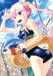  1girl :d absurdres amamiya_minato artist_name bare_shoulders breasts day hair_ornament highres holding innertube long_hair open_mouth original outdoors pink_hair school_swimsuit shiny shiny_clothes small_breasts smile solo swimsuit twintails violet_eyes water_gun 