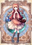  1girl artist_name bag blue_eyes boots braid capelet dress fantasy frilled_dress frills hair_ornament hair_tubes hands_clasped highres house interlocked_fingers jewelry kazuharu_kina knee_boots light_brown_hair long_hair original pendant satchel smile solo twintails 