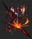  1boy b_(herowarz) black_hair dual_wielding fire full_body herowarz highres holding holding_weapon looking_at_viewer male_focus mask mulin official_art red_eyes short_hair solo sword torn_clothes weapon 