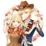  1girl :d bangs bare_arms belt blue_eyes blue_shirt bokujou_monogatari:_3-tsu_no_sato_no_taisetsu_na_tomodachi braid breasts brown_hat closed_mouth collared_shirt cowboy_hat dress_shirt floral_background hair_between_eyes hands_up hat hetero holding_hand jacket long_hair long_sleeves looking_at_another looking_at_viewer looking_to_the_side open_mouth overalls plaid plaid_shirt pocket sam_browne_belt shirt short_sleeves sleeves_folded_up small_breasts smile twin_braids twintails tyyni upper_body wein white_background 